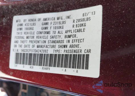 2013 Honda Accord Sport from USA, damaged, VIN 1HGCR2F57DA242092